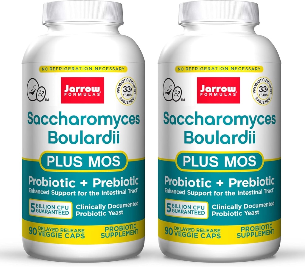 Jarrow Formulas Saccharomyces Boulardii + MOS - 5 Billion Viable Organisms Per Serving - 90 Delayed Release Veggie Caps, 2 Pack - Probiotic + Prebiotic - Intestinal Tract Support - Up to 180 Servings