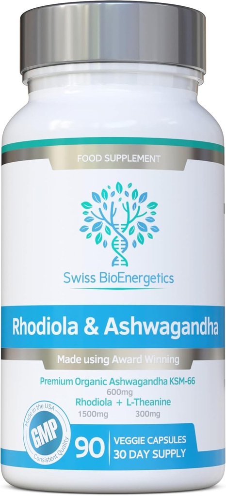Rhodiola et Ashwagandha avec L-Theanine - Prix Ashwagandha KSM-66 600mg et 1500mg Rhodiola (3% Rosavins - 1% Salidrosides) équivalent racine entière- adaptogène combo- Pas de charges artificielles