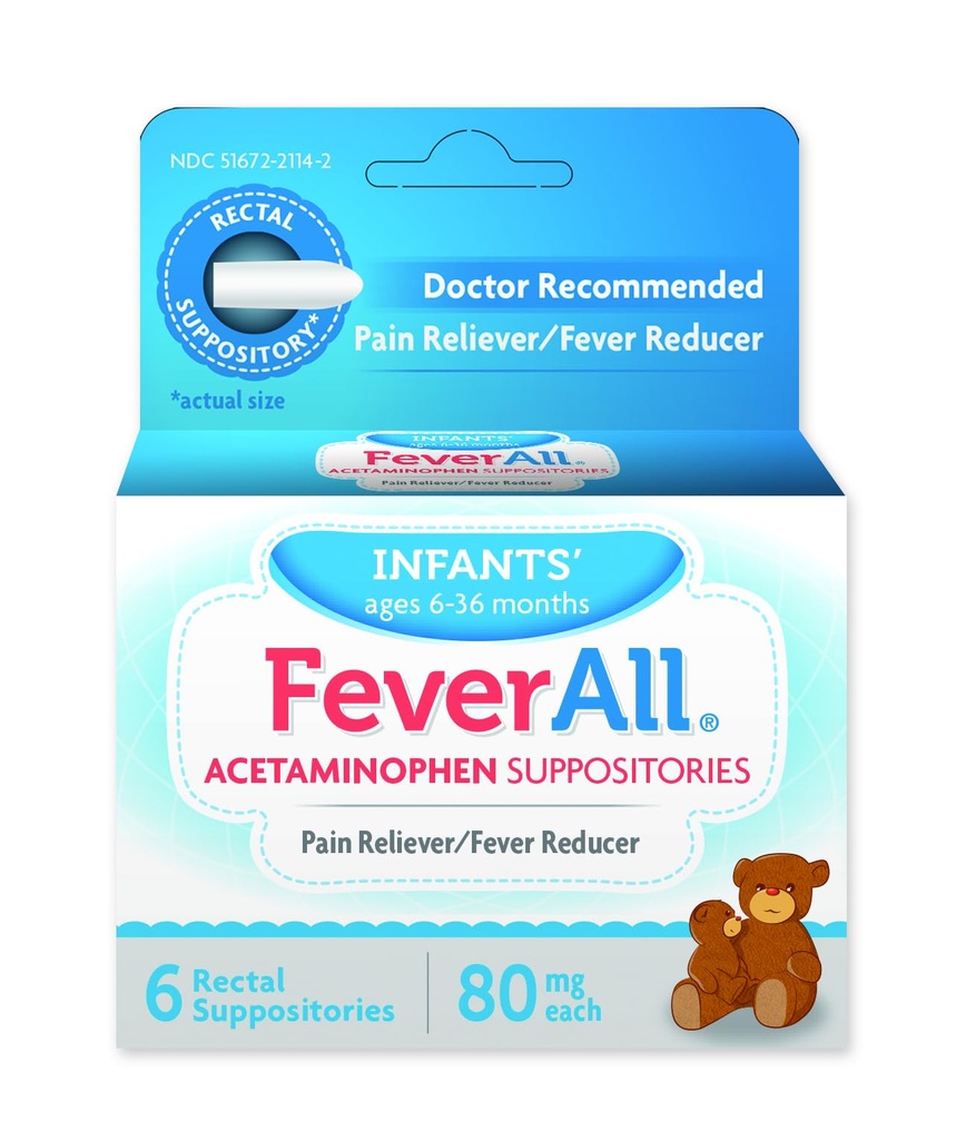 Feverall Infant Acetaminophène Suppositories 6 Suppositories rectales 80mg Chaque analgésique / Réducteur de fièvre. Sans parabène, sans colorant artificiel ou d'autres conservateurs. 6-36 mois