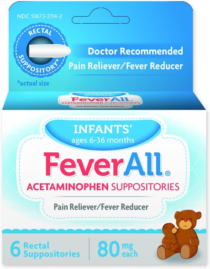 Feverall Infant Acetaminophen Suppositories 6 Rectal Suppositories 80mg Each Pain Reliever/Fever Reducer. Paraben Free, No Artificial Colors or Other preservatives. Ages 6-36 Months