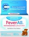 Feverall Infant Acetaminophène Suppositories 6 Suppositories rectales 80mg Chaque analgésique / Réducteur de fièvre. Sans parabène, sans colorant artificiel ou d'autres conservateurs. 6-36 mois