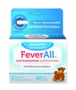 Feverall Infant Acetaminophène Suppositories 6 Suppositories rectales 80mg Chaque analgésique / Réducteur de fièvre. Sans parabène, sans colorant artificiel ou d'autres conservateurs. 6-36 mois