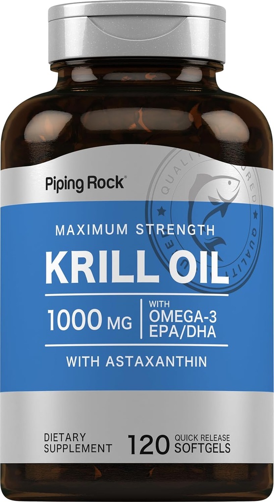 Piping Rock Krill Oil 1000mg Softgels (en anglais seulement) 120 Count (en anglais seulement) Omega 3, EPA DHA Supplement (en anglais seulement) avec Astaxanthin (en anglais seulement)