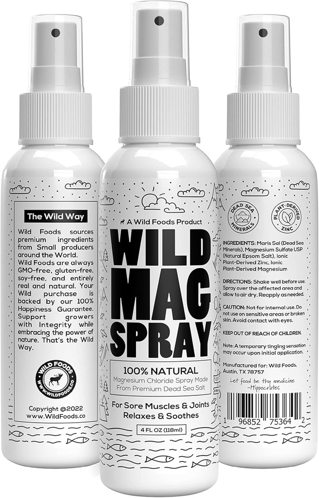 Spray de magnésium sauvage du sel de mer Morte – Ingrédients naturels – Spray de magnésium 100% pur – Sûr et efficace – Crampes musculaires, tension articulaire, gestion du stress