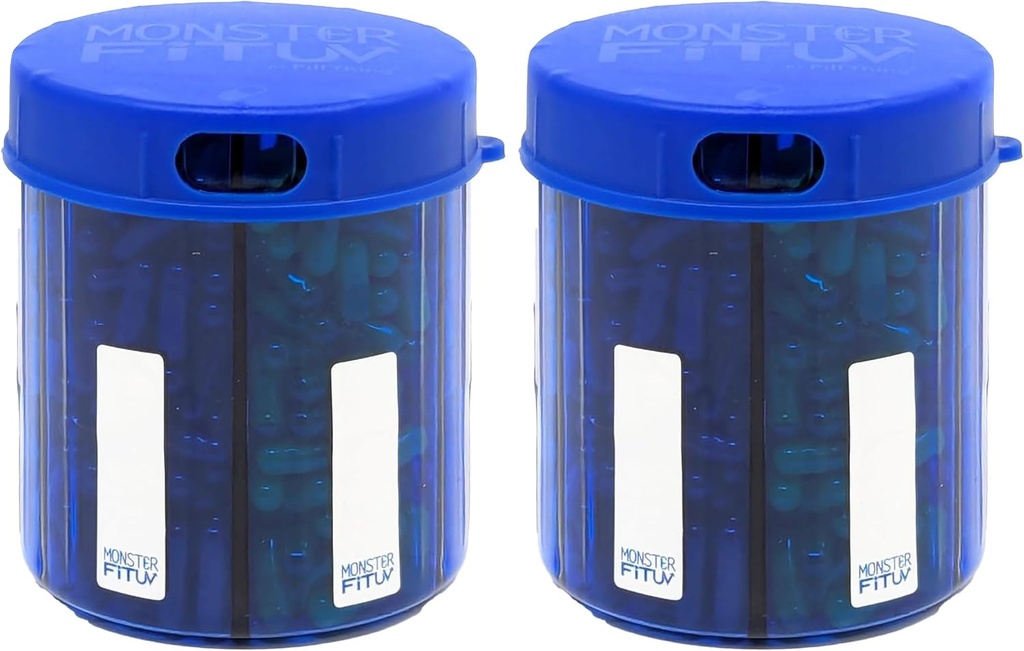 Monster Jr Supplément Pill Dispenser with labels - Holds Small Medicament Vitamines and Easyly Dispense from One Container Inclut Compartment labels (Monster Jr Blue UV - 2 Pack)
