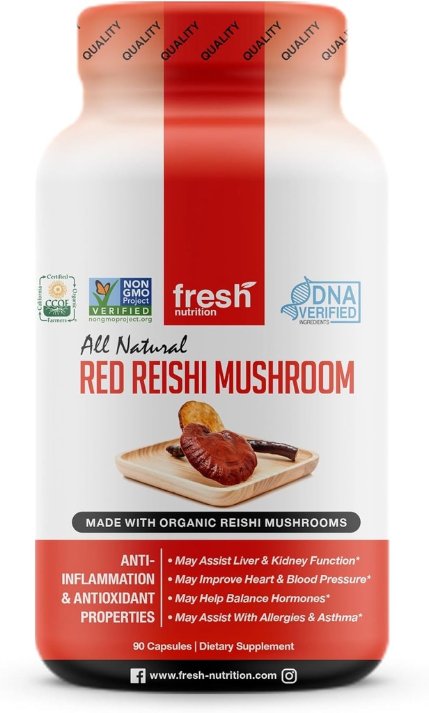 Alimentation fraîche Capsules de champignons bio Reishi - Riche en alpha glucane - Ganoderma Lucidum et Applanatim Ganoderma - Testé par une tierce partie - 90 Capsules/Pills