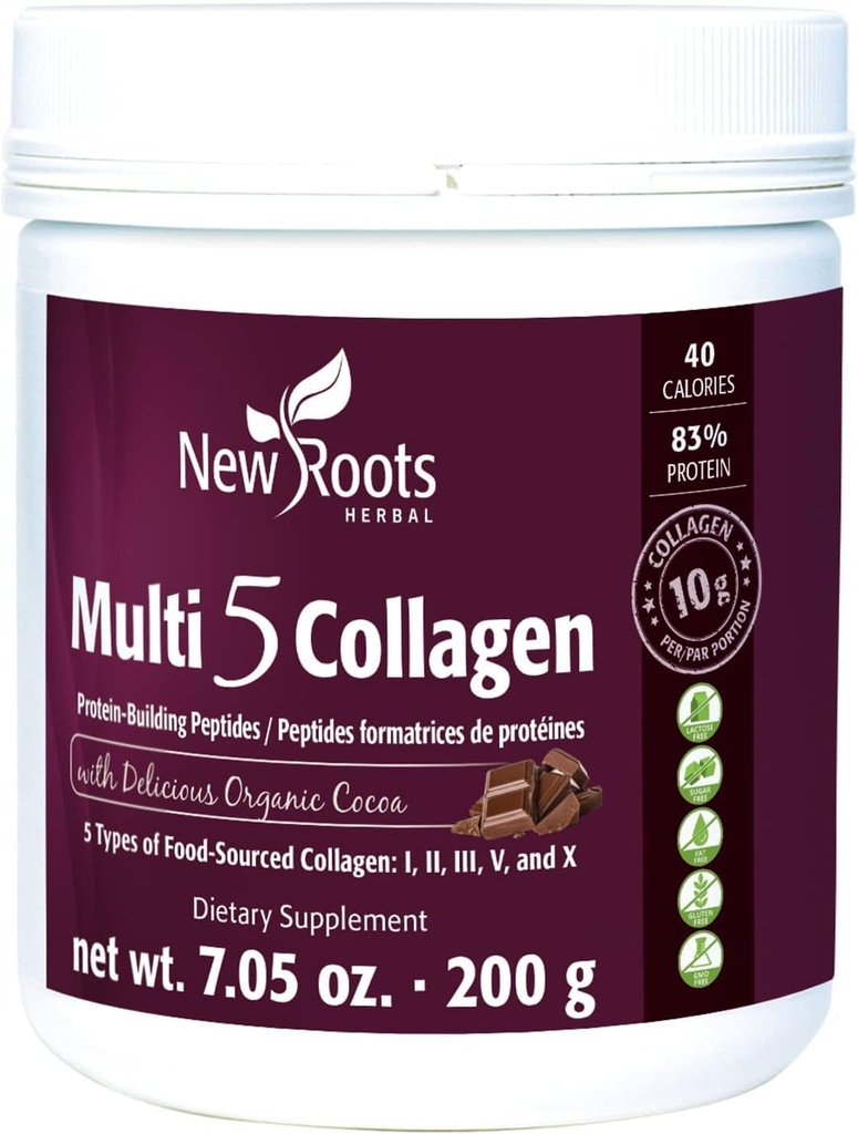 NEW ROOTS HERBAL Multi 5 Collagène en poudre de cacao (types I, II, III, V et X) Collagène hydrolysé - Sans lait et sans gluten - 12g par portion - Saveur de chocolat, 7,05 oz