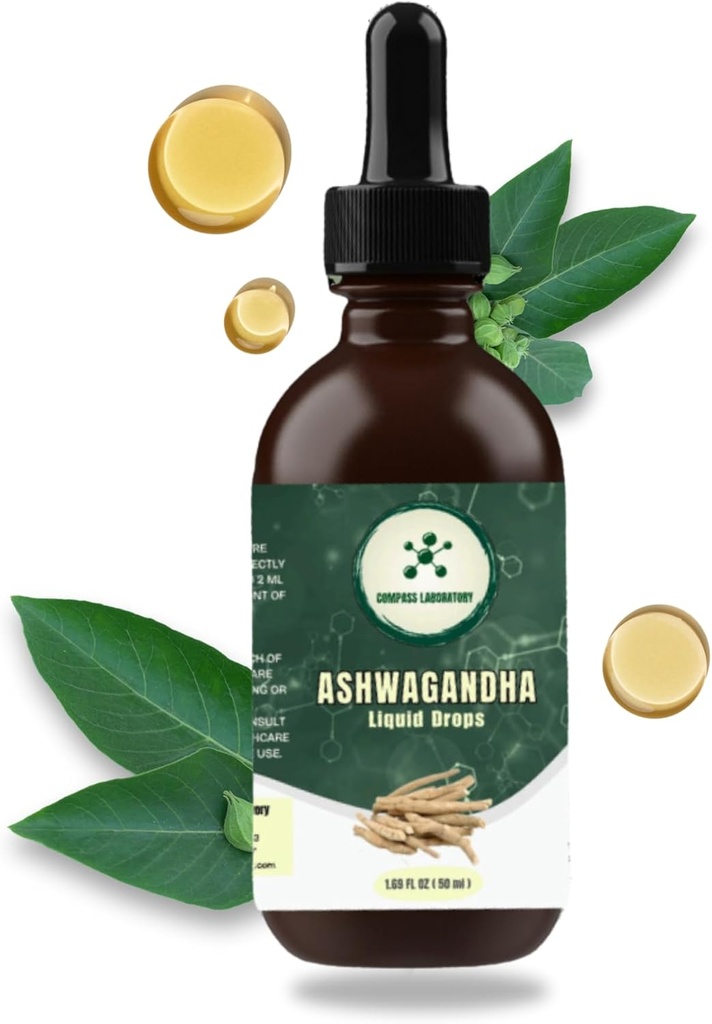 COMPASS LABORATOIRE Ashwagandha Liquid Drops - Supplément de soutien et de bien-être de l'humeur - Natural Cortisol Manager et Immune Booster - 2 fl oz