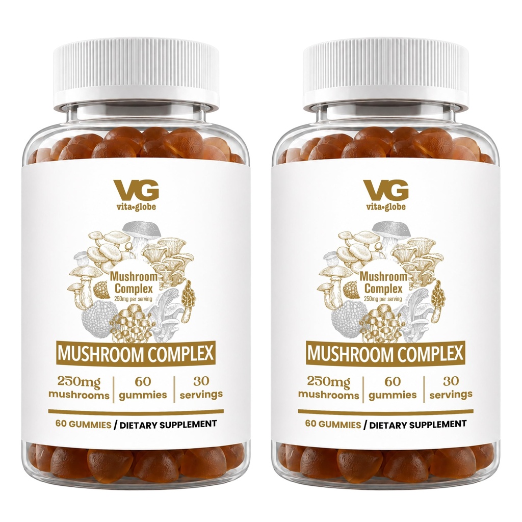 VITA GLOBE Complexe de Champignons Gommies – 250mg avec Reishi, Lion, Mane, Chaga, Cordyceps & Plus d'informations Supplément quotidien pour la défense immunitaire, l'énergie et le soutien de la fonction cérébrale – 120 comtes (paquet de 2)