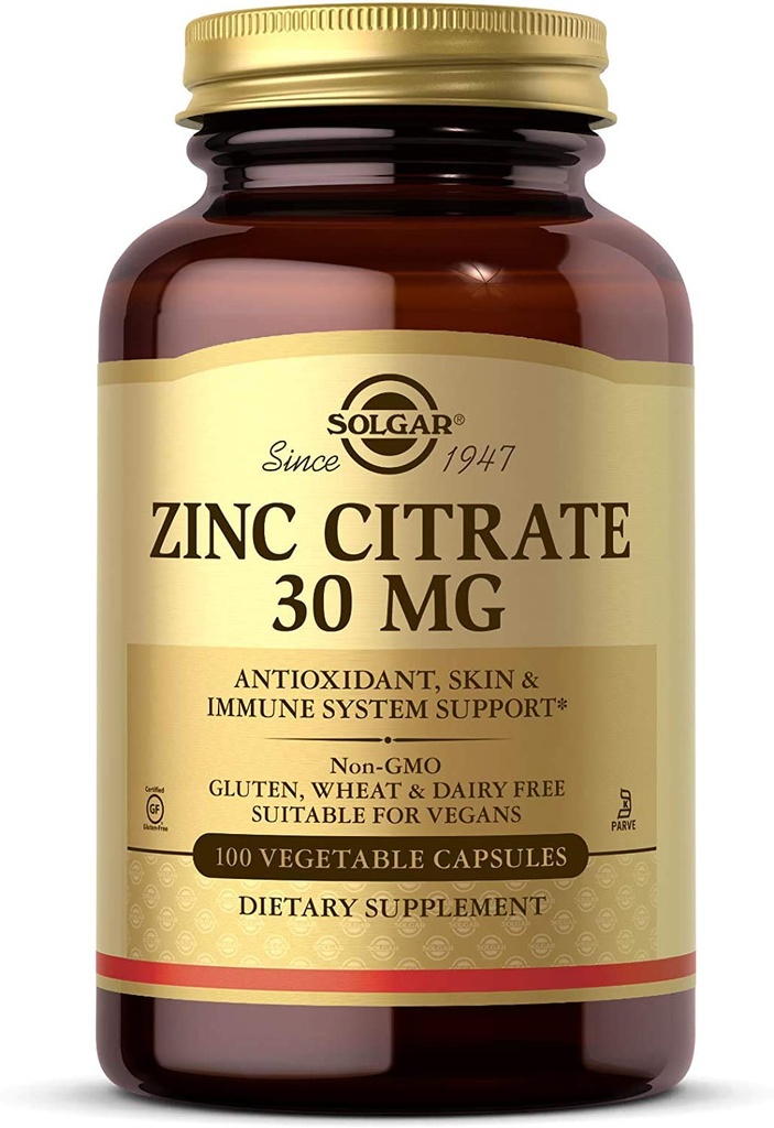 Solgar Zinc Citrate Capsules végétales, 100 Compte, Non-OGM, sans gluten, et Kosher, soutient le système immunitaire santé, peau et yeux sains, goût et vision normaux