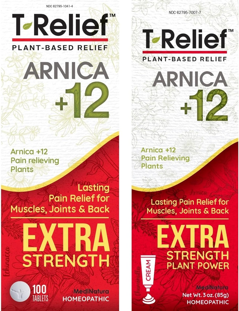 MediNatura T-Relief Extra Strength Pain Relief Arnica +12 Plant-Based Pain Relievers 100ct Comprimés T-Relief Extra Strength Pain Relief 3oz Cream Bundle
