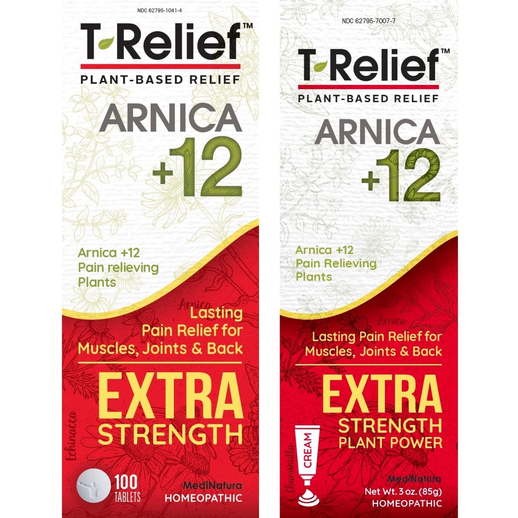 MediNatura T-Relief Extra Strength Pain Relief Arnica +12 Plant-Based Pain Relievers 100ct Comprimés T-Relief Extra Strength Pain Relief 3oz Cream Bundle