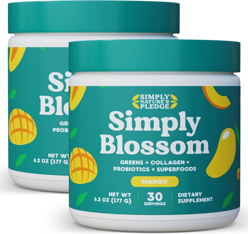 Simply Blossom Nutrition Daily Greens & Superfood Powder + Collagen + Probiotiques pour la santé digestive des femmes & Bloating Relief. Aidez votre santé Bloom - 2 mois d'approvisionnement - Mango