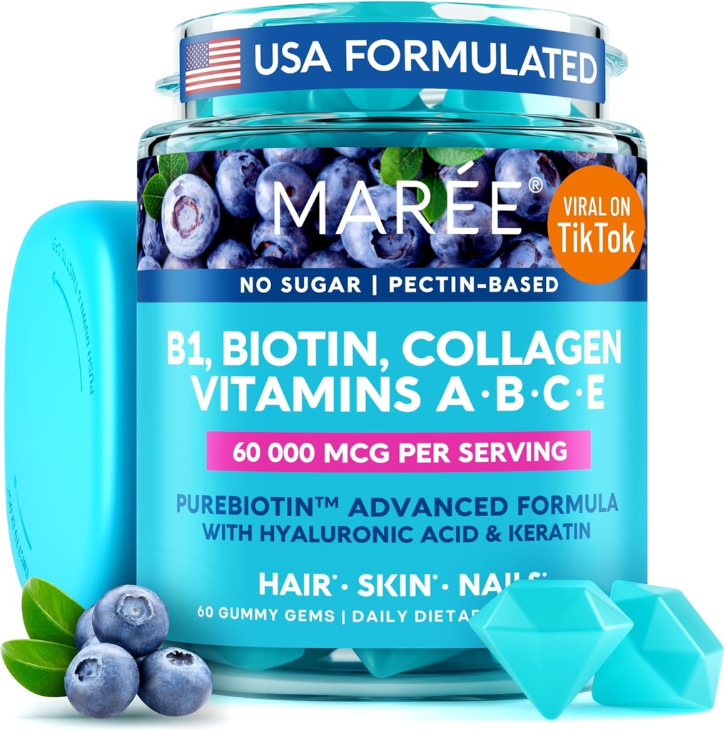 MAREE Vitamine B1 Thiamine & B7 Biotine Gommies - Complexe Vitamines E D C avec kératine, collagène, acide hyaluronique et pantothénique pour la peau, les ongles et les cheveux