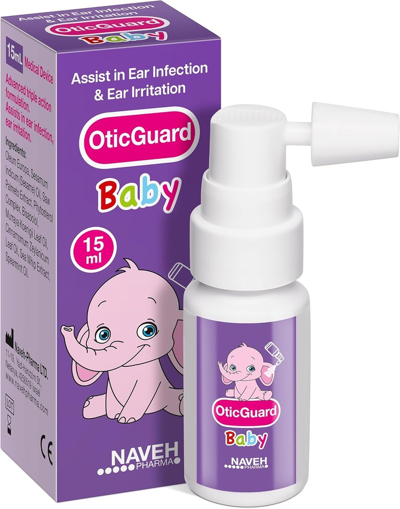 NAVEH PHARMA Otic Guard Baby Ear Drops – Huile d'oreille naturelle pour l'enlèvement de la cire d'oreille et le soulagement de l'infection – Nettoyant doux de l'oreille pour les bébés, les tout-petits et les enfants – Apaisant les oreilles démangeantes et les oreilles furieuses