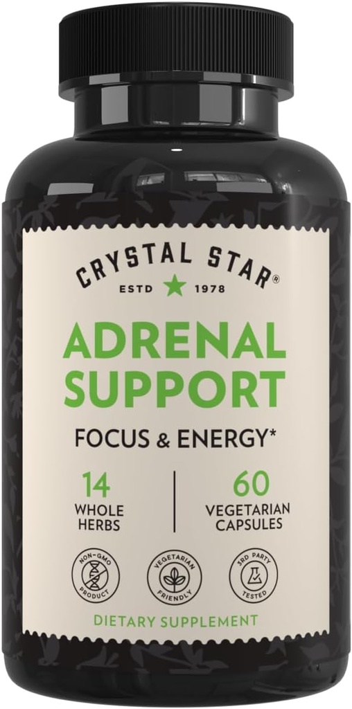 Supplément de support adrénal Crystal Star (60 capsules) – Supplément à base de plantes à base de cortisol quotidien pour le soulagement du stress et la fatigue adrénale - Eleuthero sibérien, Licorice, Uva Ursi, Astragalus et Fo-ti – Non-OGM