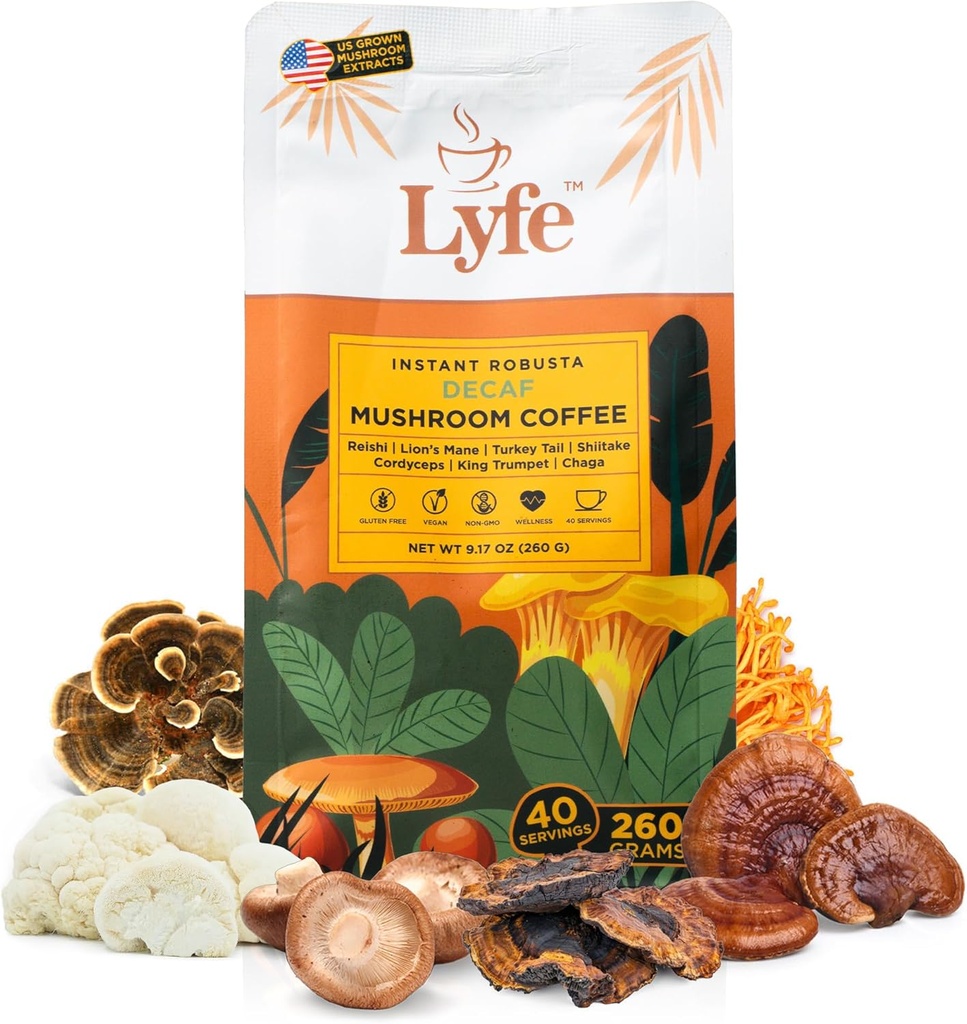 LYFE Bio Instant Decaf Mushroom Coffee – Lion, Chaga, Cordyceps, Turquie Tail.