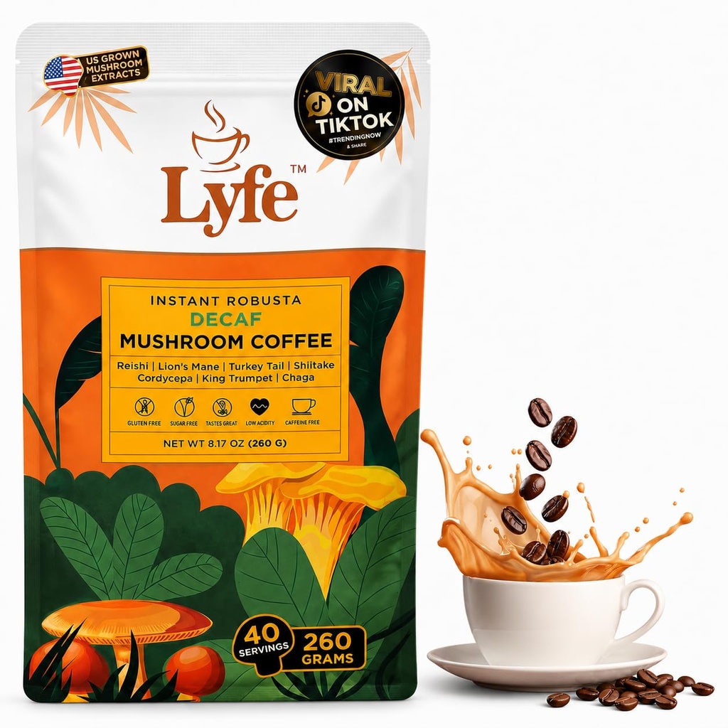 LYFE Bio Instant Decaf Mushroom Coffee – Lion, Chaga, Cordyceps, Turquie Tail.
