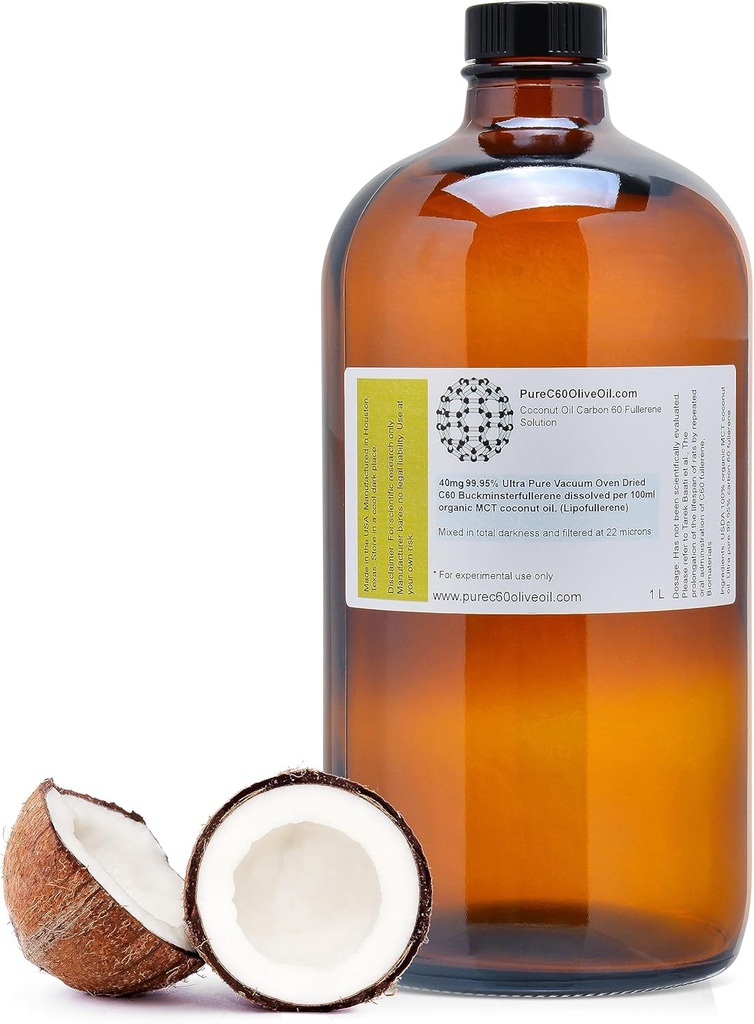 PureC60OliveHuile C60 Huile de coco biologique MCT 1L / 33,8 Fl Oz - 99,95 % Carbone 60 Sans solvant 400mg - Bouteille en verre ambré - Carbone 60 Huile de coco - du premier producteur mondial