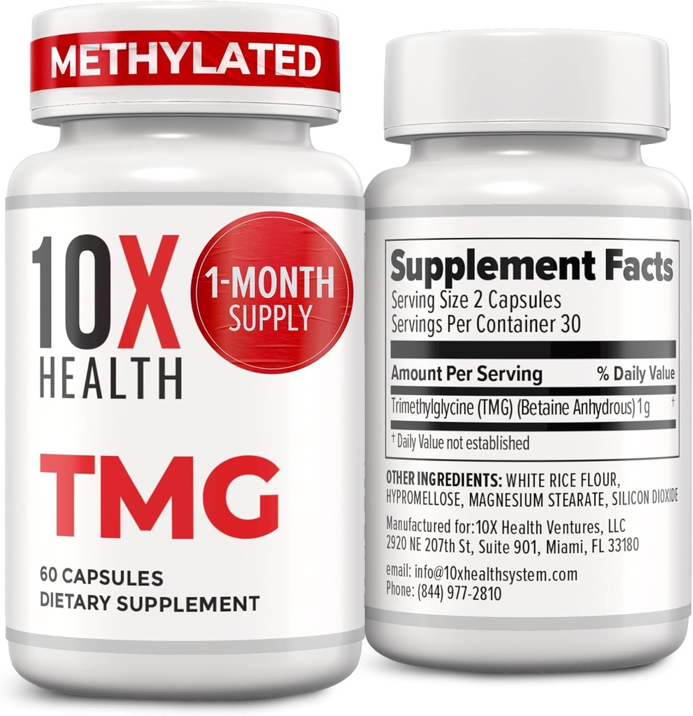 Suppléments TMG santé 10X - Supplément triméthylglycine pour le soutien du foie, le mieux-être cardiaque, l'énergie, les niveaux d'homocystéine - Capsules TMG avec bêtaine anhydre - Non-OGM et sans gluten - 60 Capsules