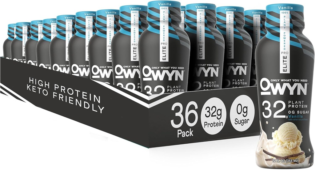 OWYN seulement ce dont vous avez besoin Pro Elite Vegan haute protéine Keto Shake, 32g Protéines, 9 acides aminés, Omega-3, prébiotiques, entraînement et récupération, 0g net glucides, zéro sucre (Vanilla, 12 Fl Oz (paquet de 36)