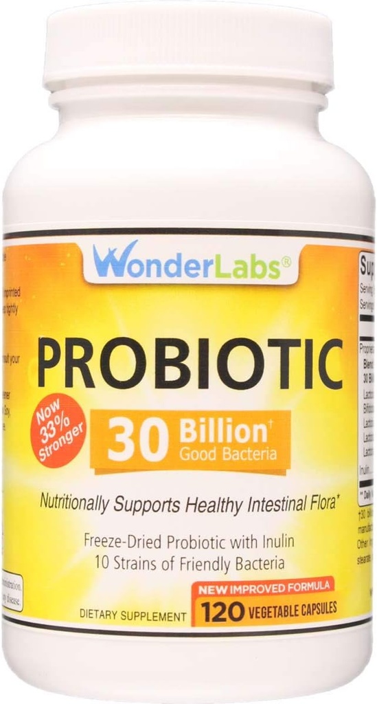 Wonder Laboratories Probiotique 30 Million Bon Bactérie (8 Lactobacillus Strains et 2 Bifidobacterium Strains), Soutien nutritionnel d'un système digestif sain, 120 Capsules