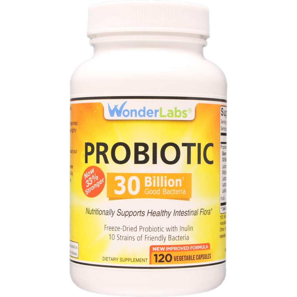 Wonder Laboratories Probiotique 30 Million Bon Bactérie (8 Lactobacillus Strains et 2 Bifidobacterium Strains), Soutien nutritionnel d'un système digestif sain, 120 Capsules