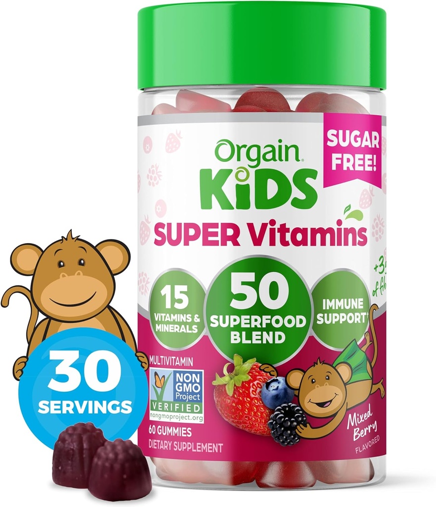 Gommies multivitamines sans sucre, base végétalienne et végétale, 50 superaliments, 15 vitamines et minéraux, soutien immunitaire et 3g de fibre, Berry mixte, 4 ans et plus, 1 mois d'approvisionnement (60 Gommies)