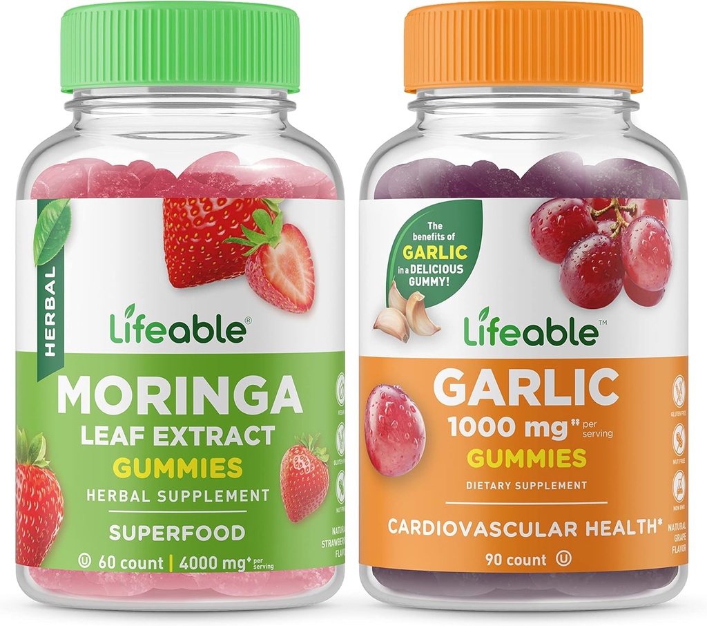 Lifeable Moringa Leaf + Garlic 1000mg, Gummies Bundle - Great Tasting, Vitamin Supplement, Gluten Free, GMO Free, Chewable Gummy