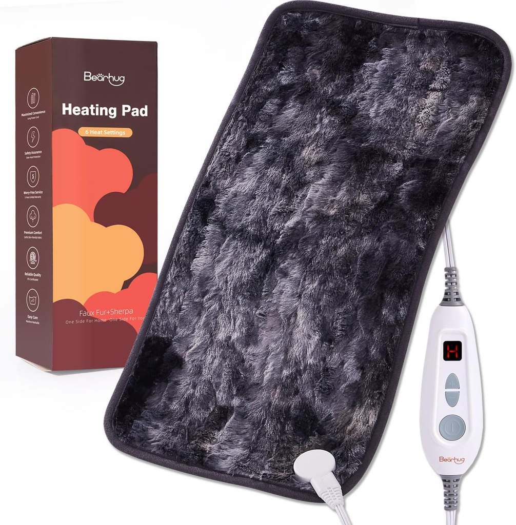 Pad chauffant électrique Bearhug 12''x24'' Double-Sided Faux Fur Chaudé Pad, 6 Niveaux de chaleur, 2H Auto-Off, Hydratation & Thérapie à sec pour le soulagement de la douleur au dos, Lavable à la machine, Certifié ETL - Boîte cadeau