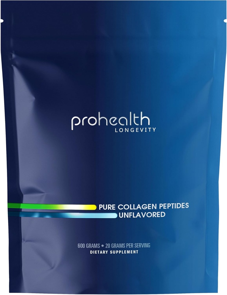 ProHealth Pure Collagen Peptides Powder, 600 Grams, soutient cheveux, ongles, peau, os, santé articulaire et longévité.