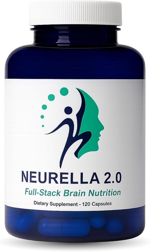 Neurella 2.0 Supplément Cerveau Nootropique – Santé cognitive des adultes et soutien neurologique, Suppléments Cerveau pour mémoire et focus avec supplément NAC, Ashwagandha & B12 Vitamines pour les femmes et les hommes, 120 Capsules