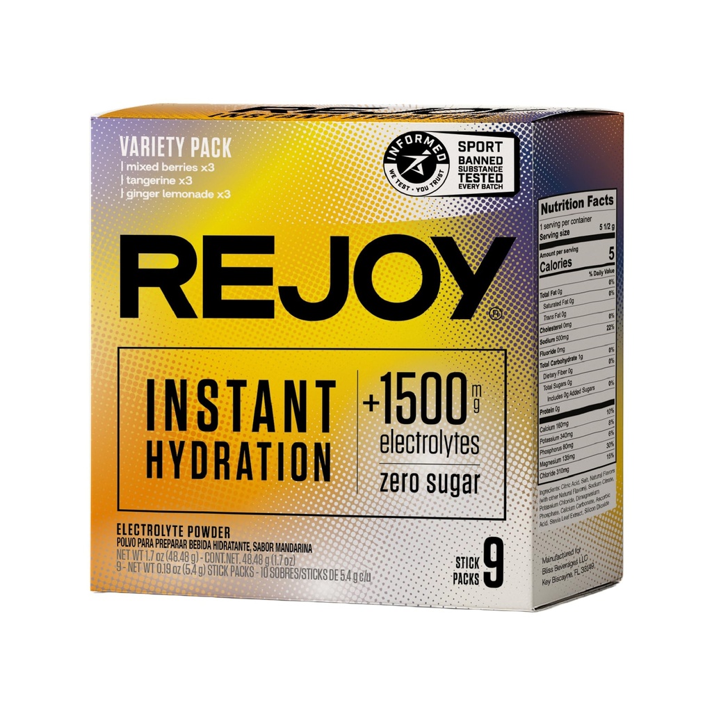 Rejoy – Electrolyte Powder Packets, 9 Sticks – Hydration Drink Mix Supplement – Sugar Free, Keto and Paleo Friendly, Vegan, Non-GMO, Easy Open Single-Serving Stick (Variety Pack)