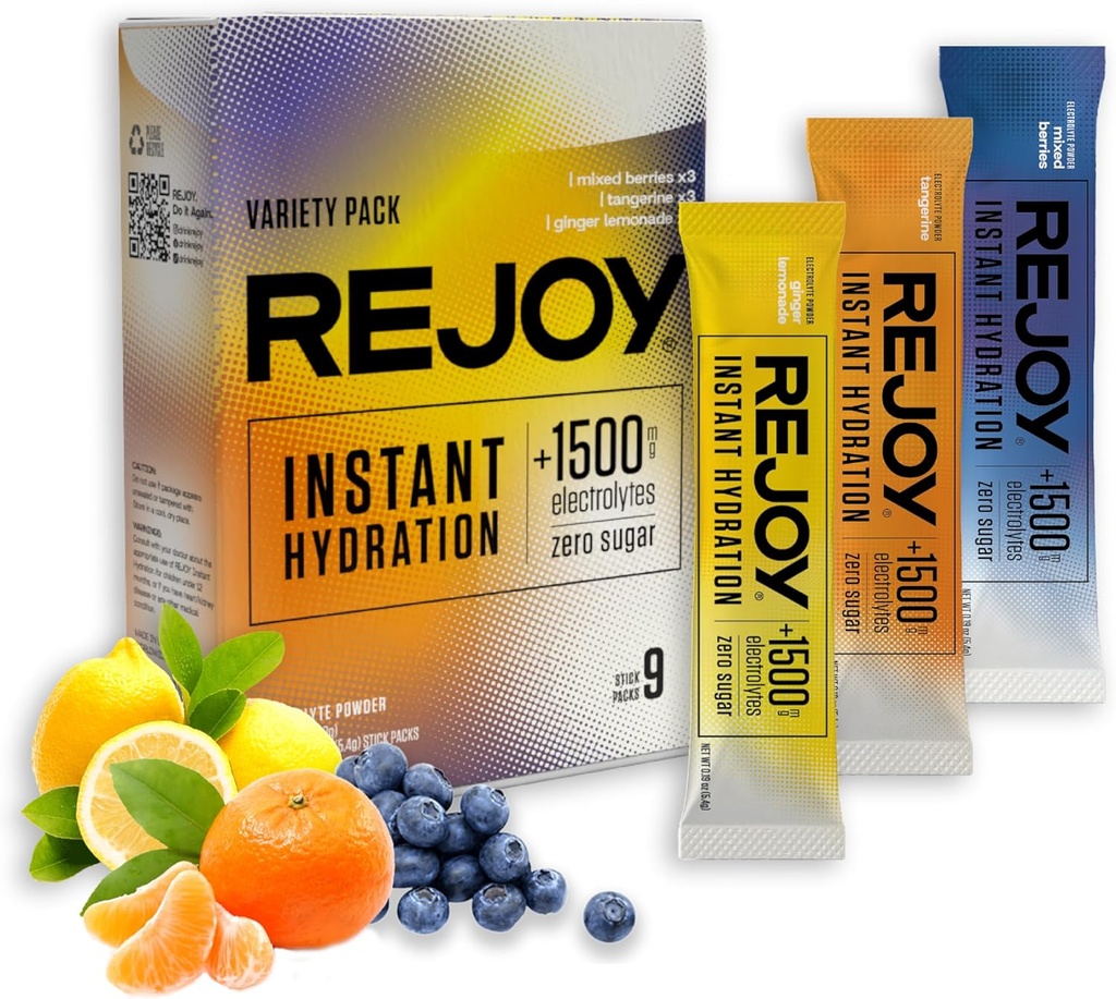 Rejoy – Paquets de poudre d'électrolyte, 9 bâtons – Supplément de mélange de boisson d'hydratation – Sans sucre, Keto et Paleo, Vegan, Non-OGM, Easy Open Stick Single-Serving (Variety Pack)