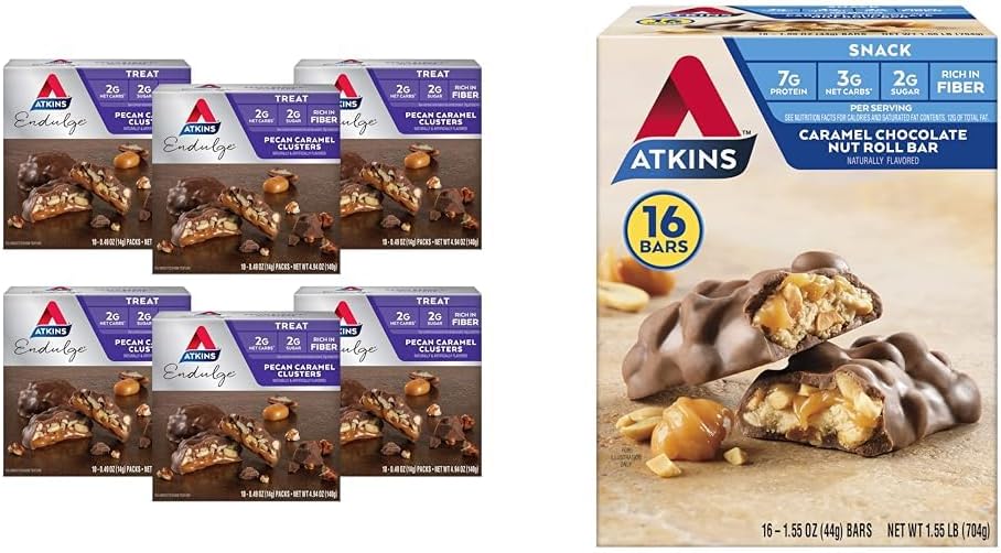 Atkins Pecan Clusters Caramel 60 Compte, Caramel Chocolate Nut Roll Snack Bar 16 Compte