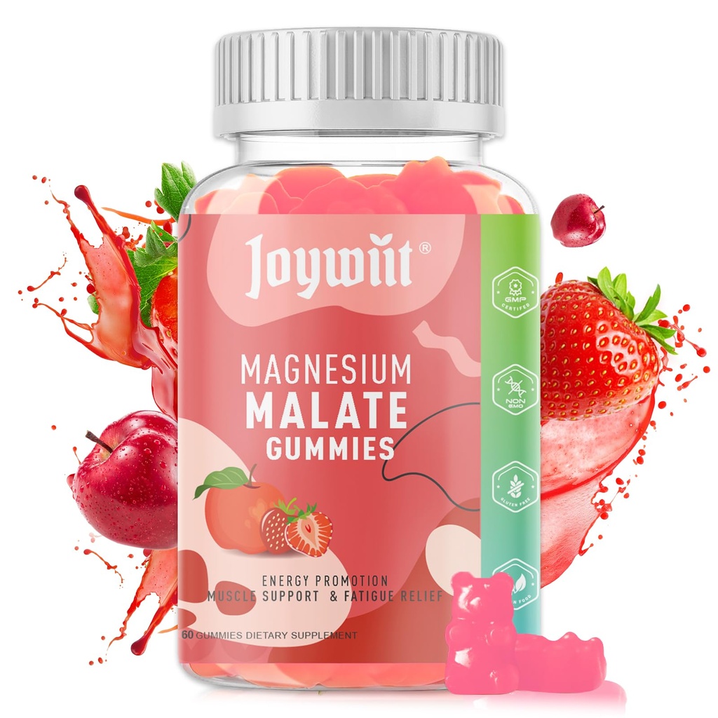 Magnesium Malate Gummies 1000mg | Magnesium Malate with L-Theanine, CoQ10 & Vitamin B6 | High Potency Stress Relief & Muscle Support | Non-GMO, Vegan, Gluten-Free | 60 Chewable