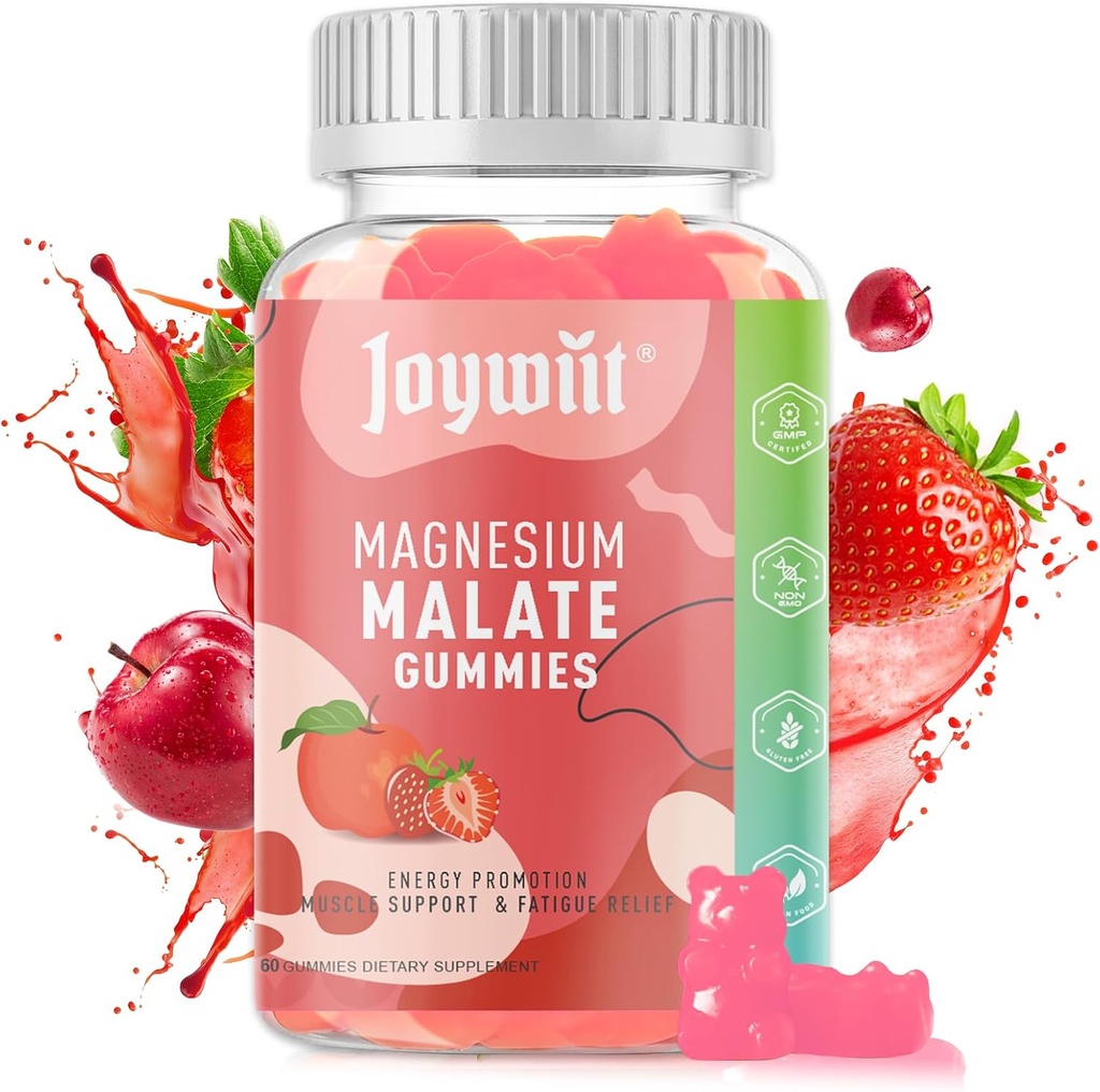 Malate de magnésium Gommies 1000mg de magnésium Malate avec L-Theanine, CoQ10 et vitamine B6 de haute puissance anti-stress et soutien musculaire de haute puissance