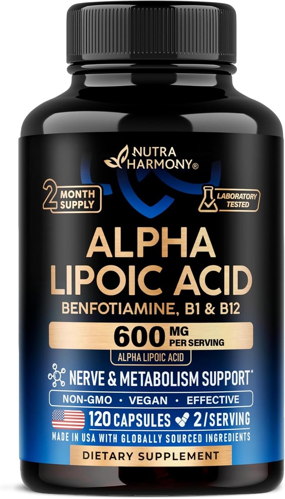Alpha Acide lipoïque 600mg - Supplément ALA Antioxydant pour le Nerve, l'énergie et le métabolisme Support - Extra Force avec Benfotiamine, B1 & B12 - Laboratoire testé, non-OGM et végétalien - 120 capsules, 2 mois d'approvisionnement