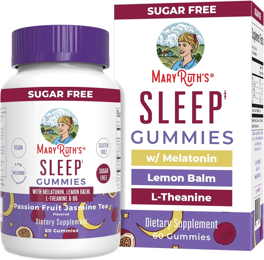 MaryRuth Organics Melatonin 5mg Sleep Gummy with L-Theanine | Lemon Balm | Vitamin B6 | Sugar-Free | Relaxation | Vegan | Non-GMO | Gluten Free | 60 Count