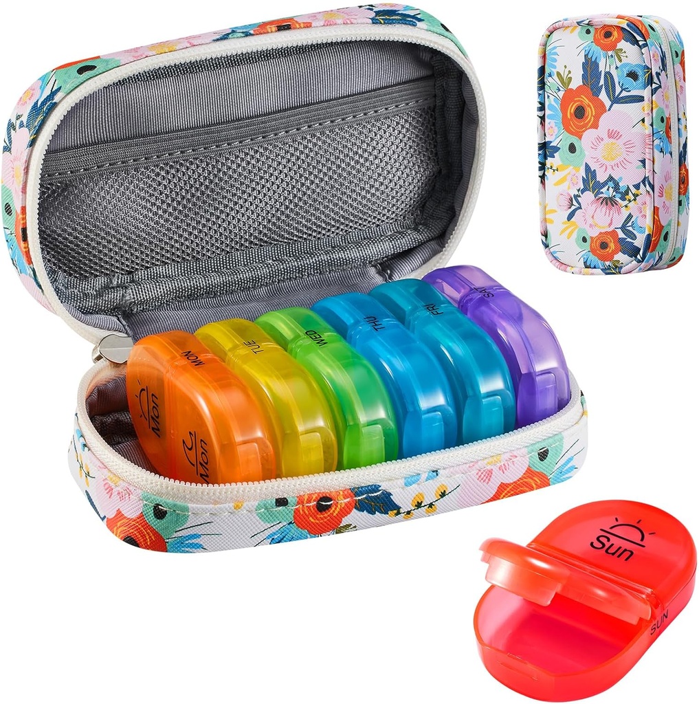 Serfeymi Weekly Pill Organizer 2 fois par jour AM PM Upgraded Rainbow Pill Box 7 Day with Portable Zipper Pill Cas en cuir PU, Organisateur de médecine pour les pilules, les vitamines, les huiles de poisson - Floral 03