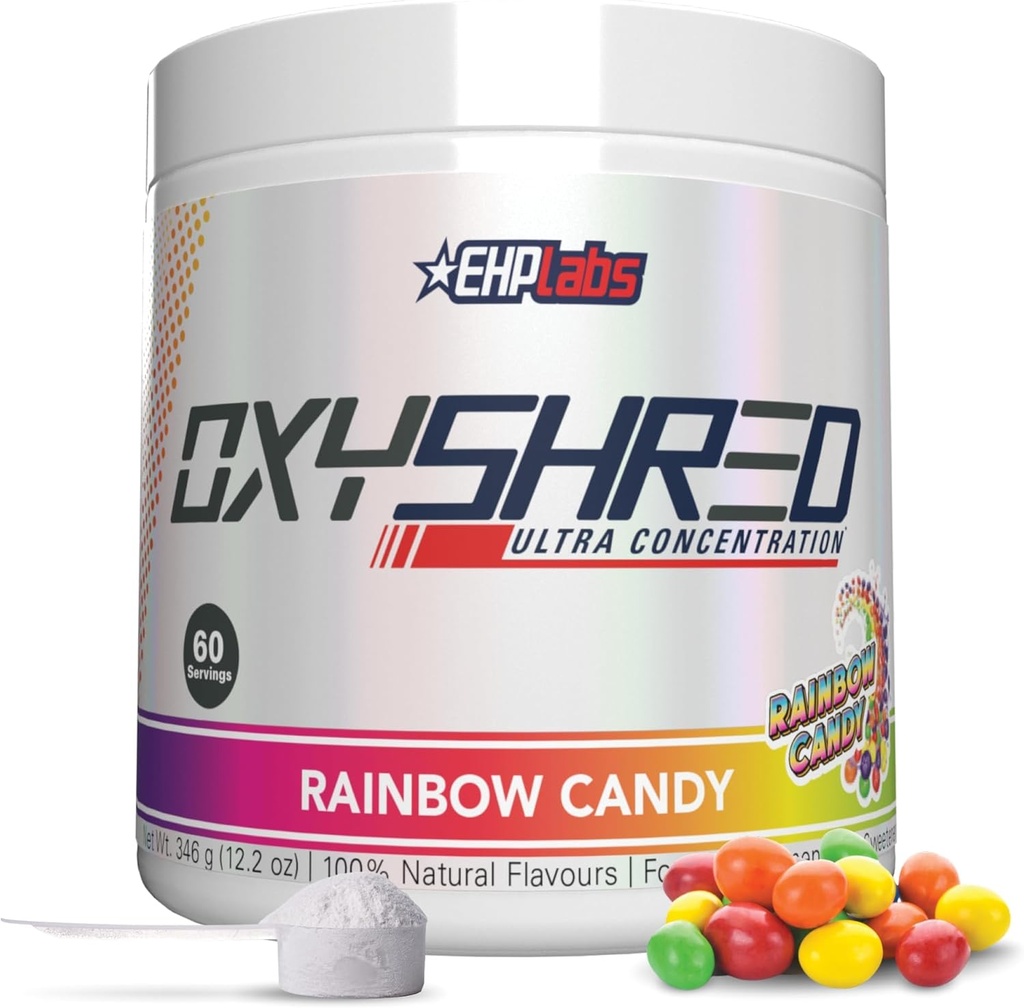EHP Labs OxyShred Pre Workout Powder - Preworkout Powder with L Glutamine & acétyl L Carnitine, Energy Boost Drink - Rainbow Candy, 60 portions