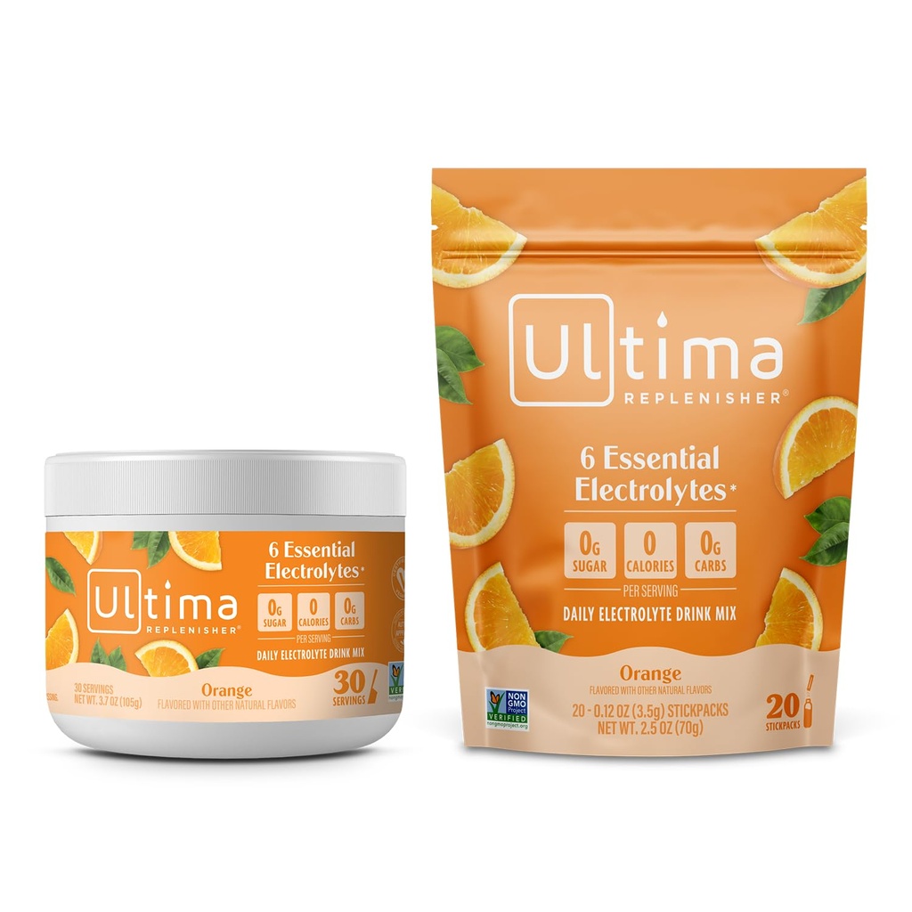 Ultima Replenisher Mélange de poudre d'électrolyte – sans sucre – orange, 30 boîtes de service et 20 sacs à bâtons – 6 électrolytes et minéraux – Keto Friendly, Vegan, Non-OGM