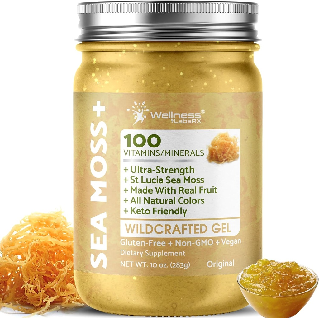 WELLNESS LABSRX Irish Sea Moss Gel Raw - Wildcrafted Superfood Seamoss Gel - Arôme original, vitamine et minéral-Rich de Pristine Caribbean Waters, Immune and Digestive Health Support - 10 oz.