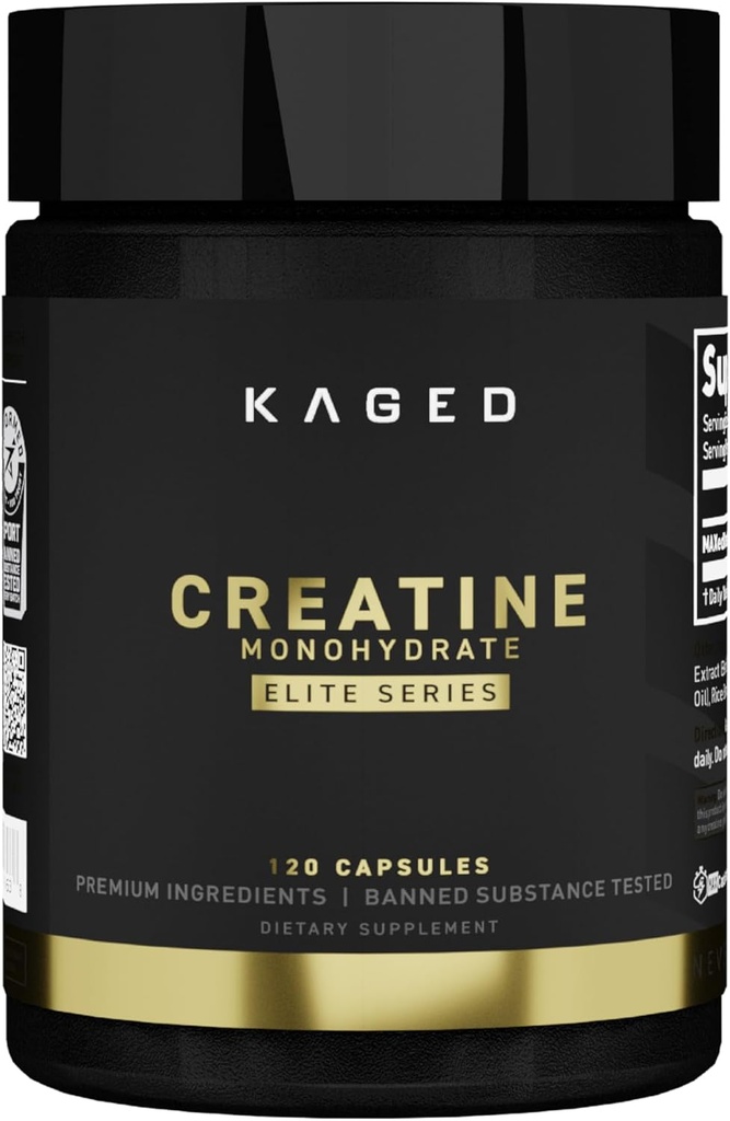 Kaged CREATINE MONOHYDRATE Elite Capsules Sans saveur de récupération musculaire et supplément de croissance pour les hommes et les femmes, végétalien, facilement digestible, sans gluten, sans sucre ajouté