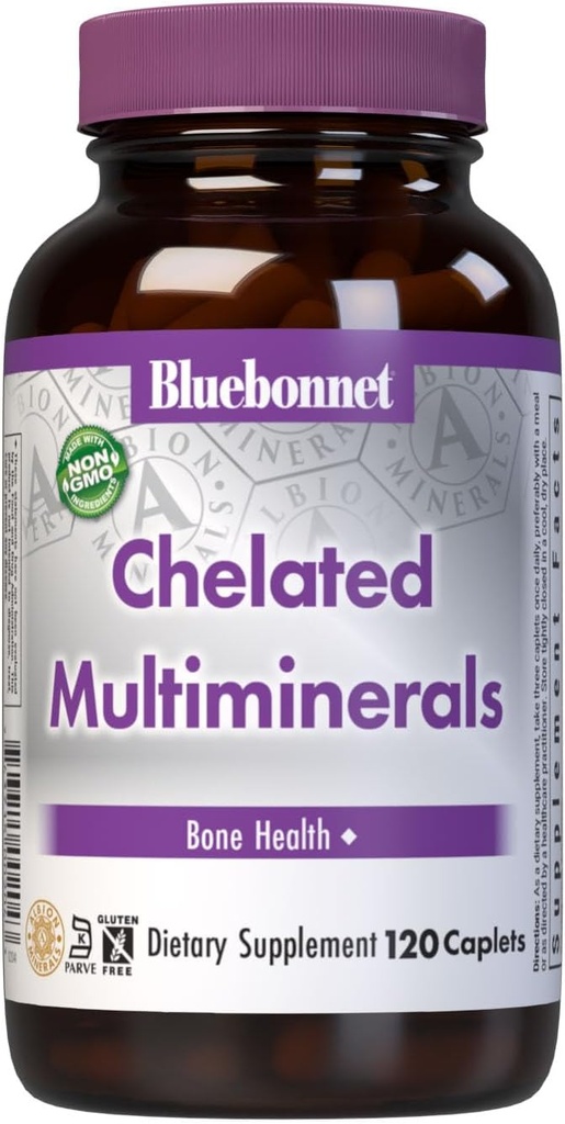 Bluebonnet Nutrition Multiminéraux chélatés de haute puissance, minéraux chélatés d'Albion, sans soja, sans gluten, non-OGM, certifié Casher, sans laiterie, 120 capsules, 40 portions