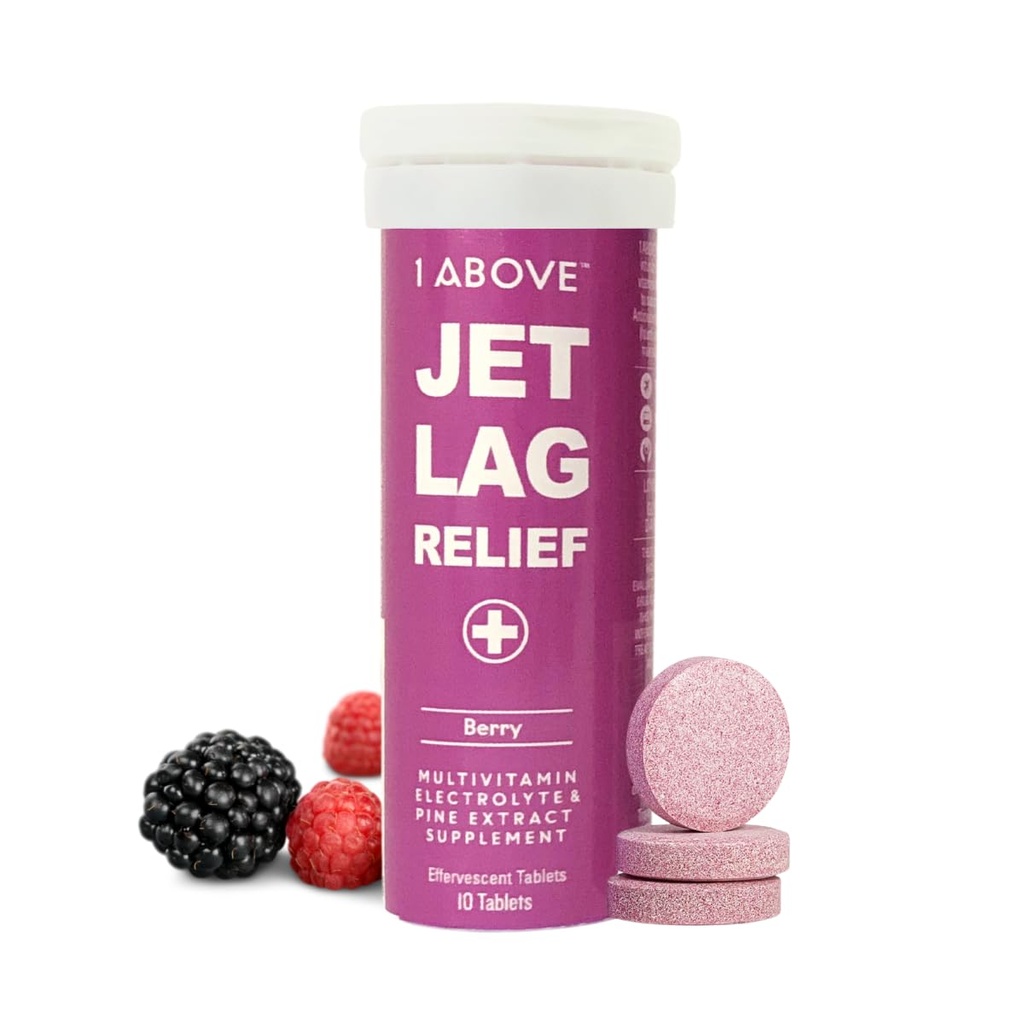 1Au-dessus des comprimés de soulagement Jet Lag - Multivitamine effervescente aromatisée avec supplément de voyage Pycnogenol pour l'hydratation, l'énergie, le soutien immunitaire et la récupération plus rapide - Vol essentiel, 10 comprimés