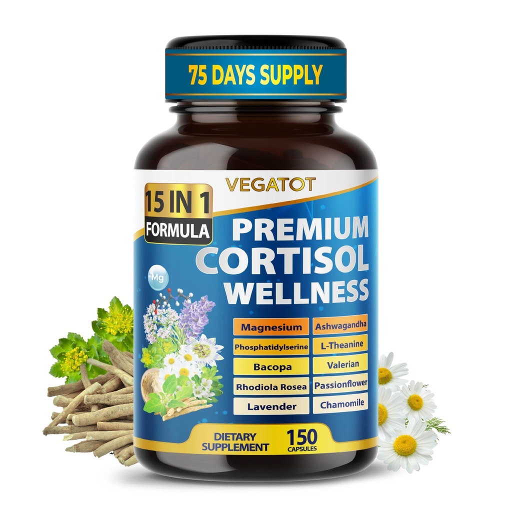 VEGATOT Bio Cortisol Wellness Complex 15-en-1 Formule avec Magnésium Ashwagandha St. John's Wort Valérian Rhodiola Rosea Passionflower Camomile