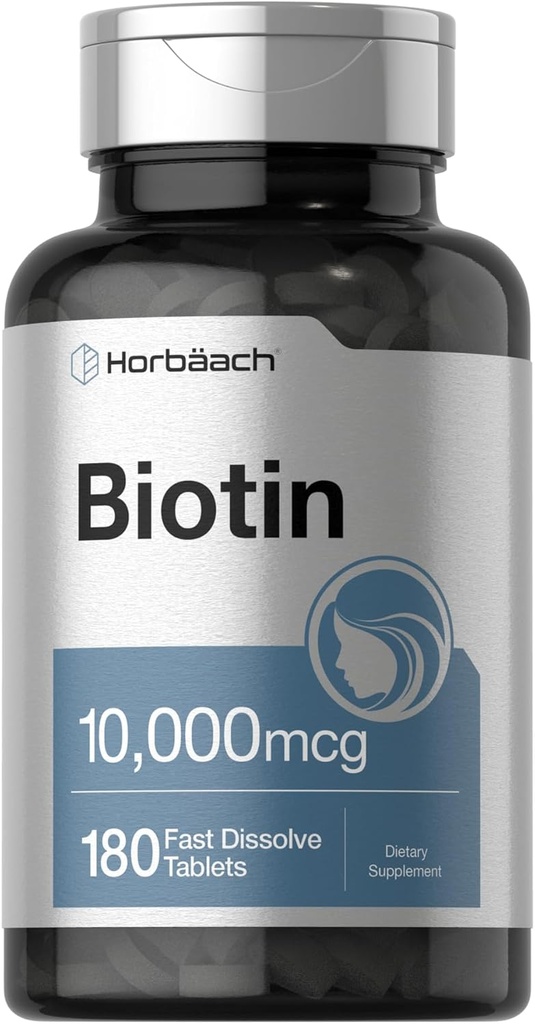 Horbäach Biotin 10000mcg. 180 comprimés à dissolver rapidement pour les femmes et les hommes.