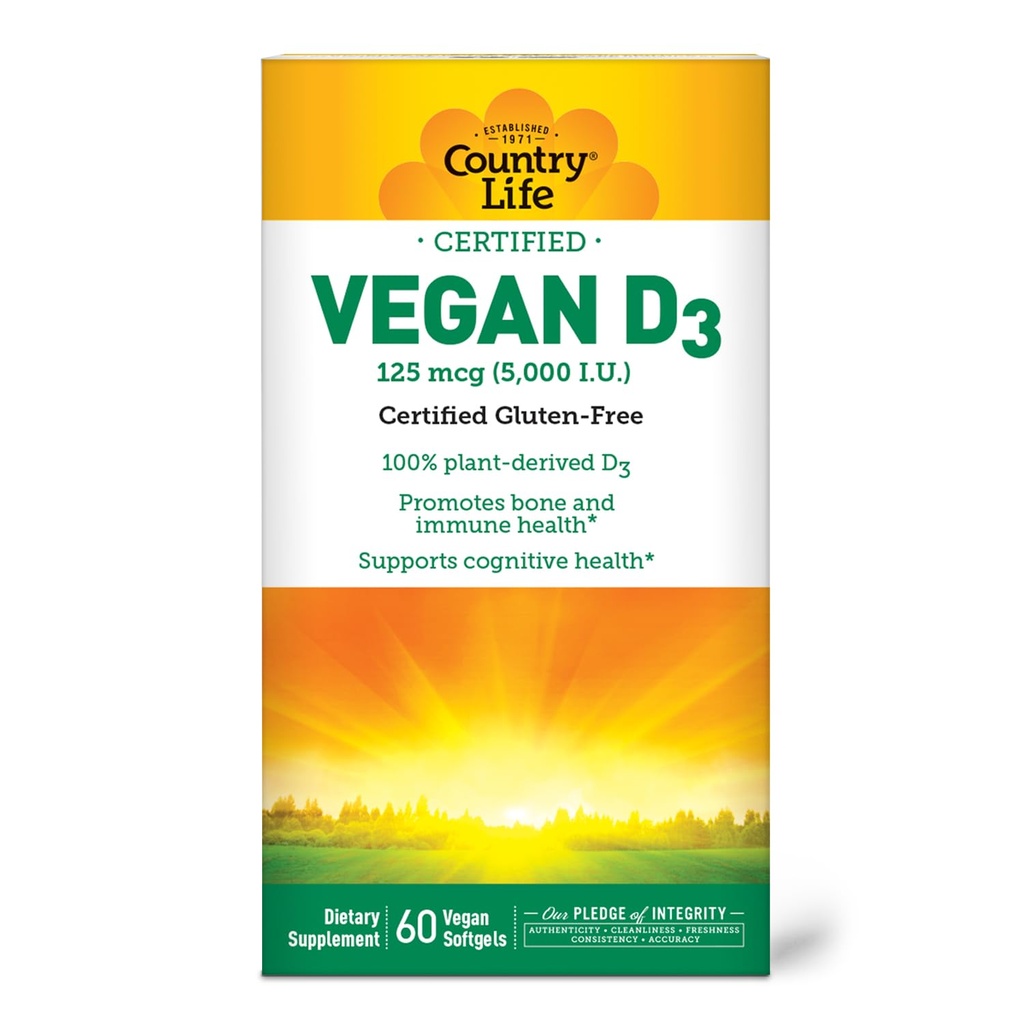 Country Life Vegan D3 5000 UI – Vitamine D3 végétale de Lichen – Soutien à haute puissance immunitaire et os – Vegan certifié, sans gluten, sans OGM – 60 Softgels