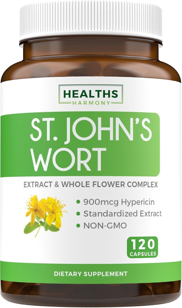 St John's Wort Capsules - Powerful & Potent Saint John's Wort Extract & Whole Herb Complex Standardisé à 900 mcg Hypericine pour équilibrer le soutien quotidien de l'humeur - Vegan Non-OGM & Lab Vérifié (120 capsules)